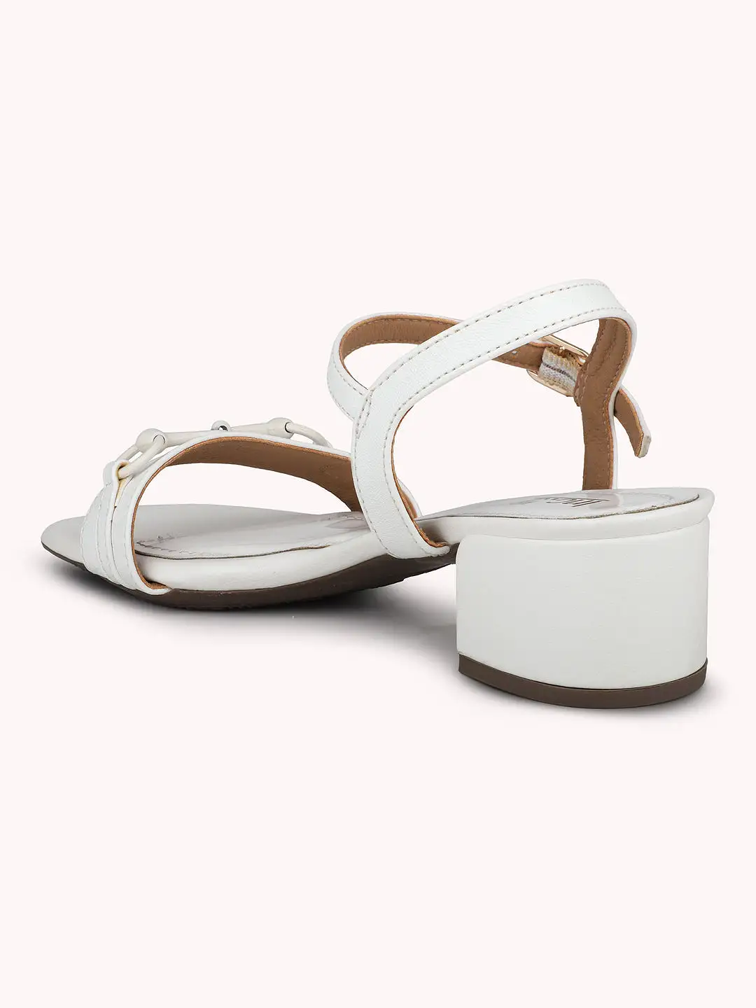 Women White Textured Block Heels with Buckle Detail