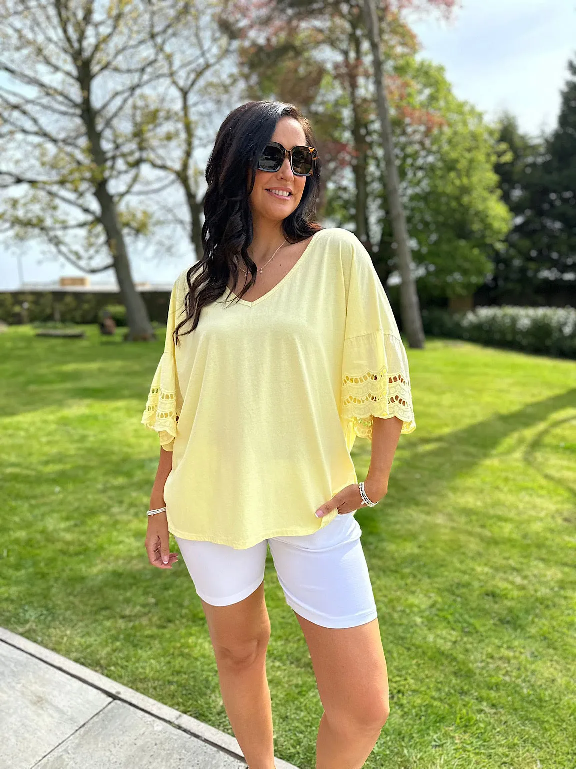 Yellow Broderie Anglaise Detail Top Kat