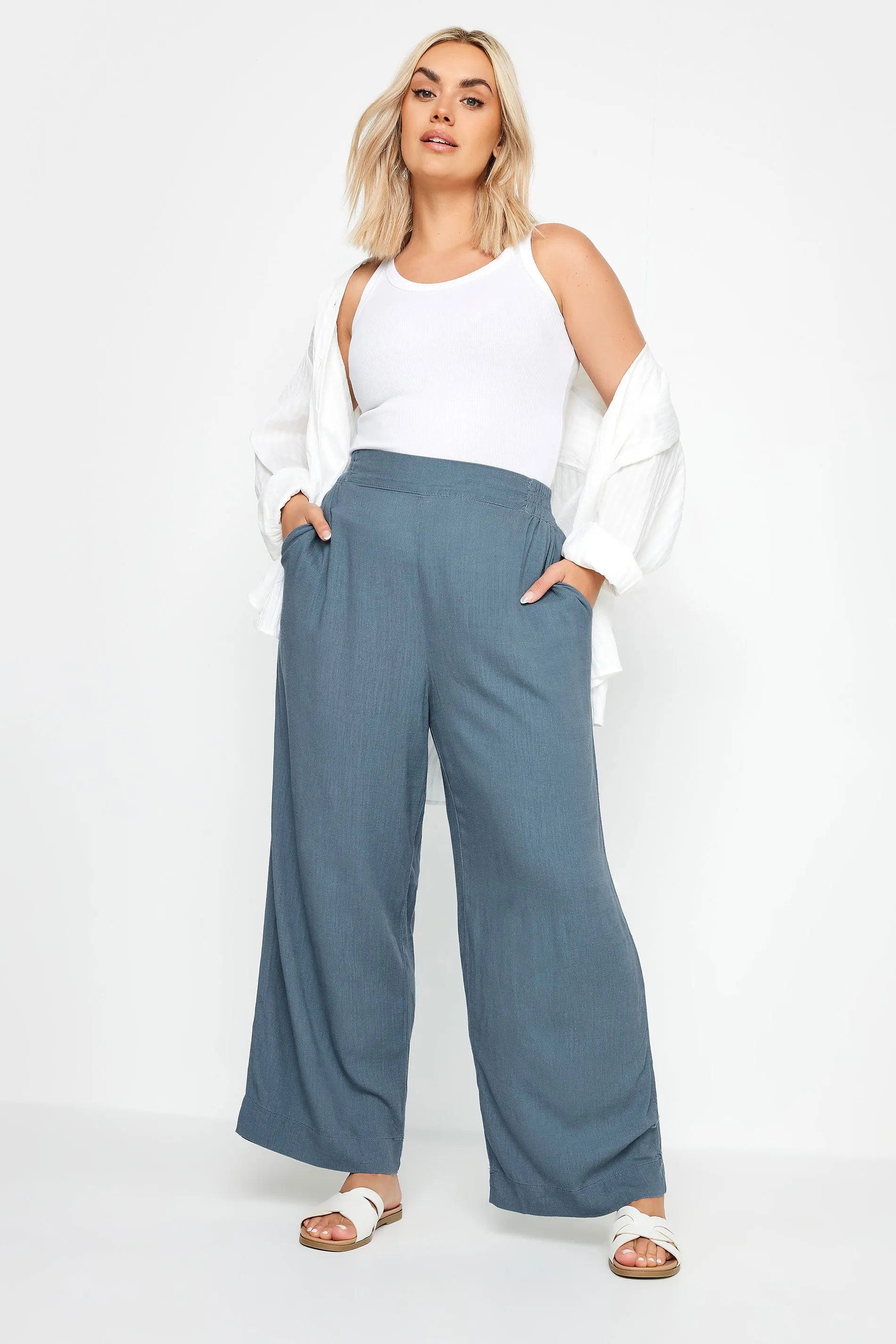 YOURS Curve Blue Pull On Wide Leg Linen Trousers