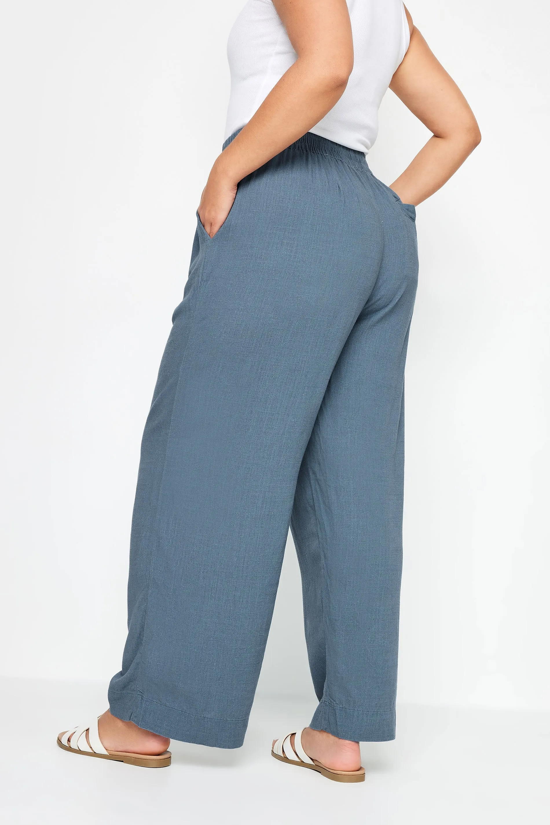 YOURS Curve Blue Pull On Wide Leg Linen Trousers