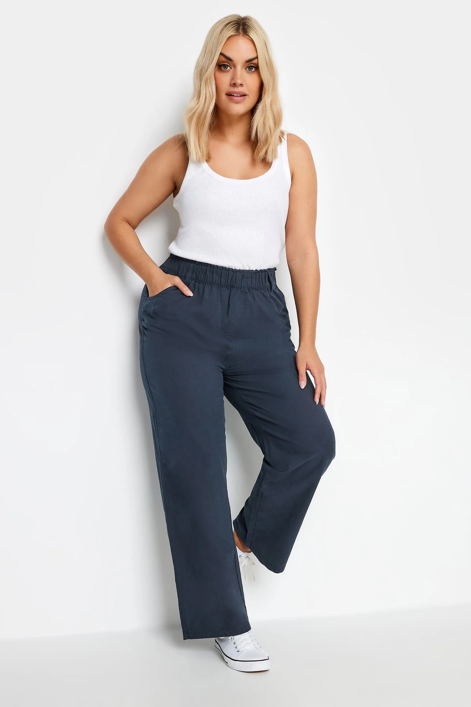 YOURS Curve Navy Blue Cool Cotton Wide Leg Trousers